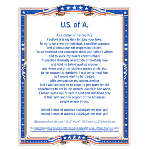 Donna Fargo U.S. of A. patriotic recitation print featuring the inspirational words from her hit song on a decorative keepsake print.