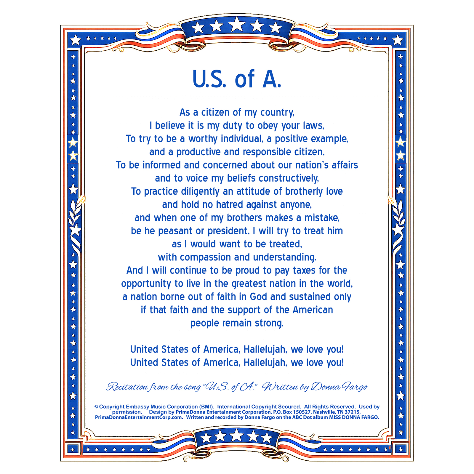 Donna Fargo U.S. of A. patriotic recitation print featuring the inspirational words from her hit song on a decorative keepsake print.