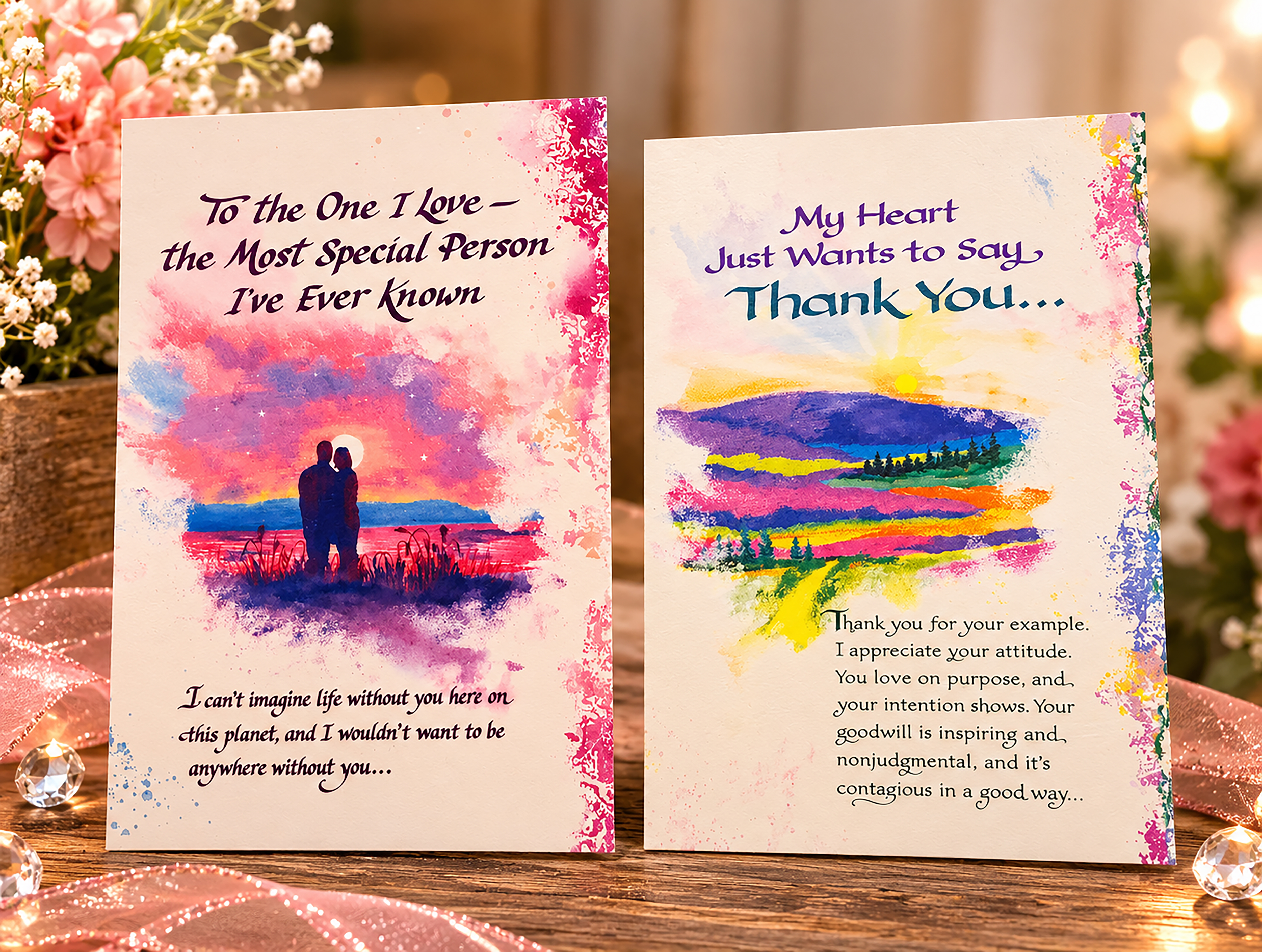Two inspirational Blue Mountain Arts greeting cards featuring heartfelt messages written by Donna Fargo, displayed in an elegant floral setting.