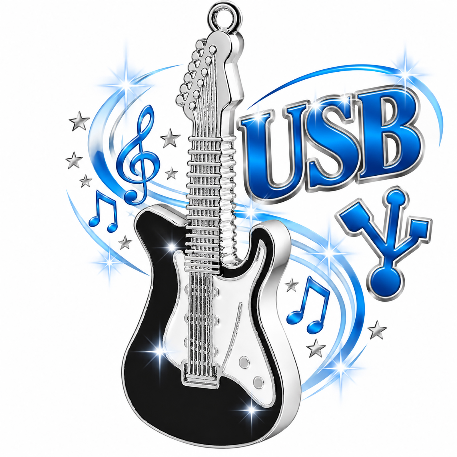 Donna Fargo guitar-shaped USB drive featuring a black-and-silver electric guitar design, displayed with blue musical notes, stars, and sparkling accents.