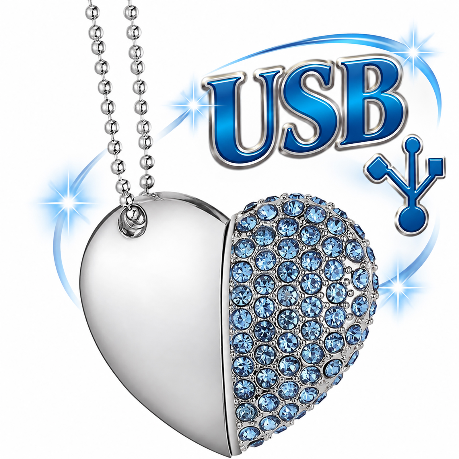 Donna Fargo heart-shaped USB drive featuring a polished silver-tone finish, sparkling blue rhinestones, and a silver ball chain. Includes Donna Fargo's music, photos, videos, and special bonus content.